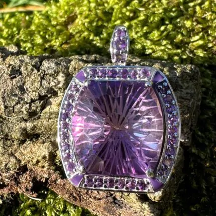Elegant Sterling Silver Amethyst Pendant with Intricate Faceted Design and Halo of Purple Accents